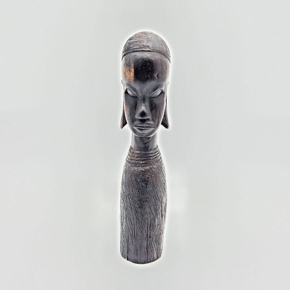 Vintage African Hand Carved Ebony Wood Female Bust Elongated Head Figurine 9"
